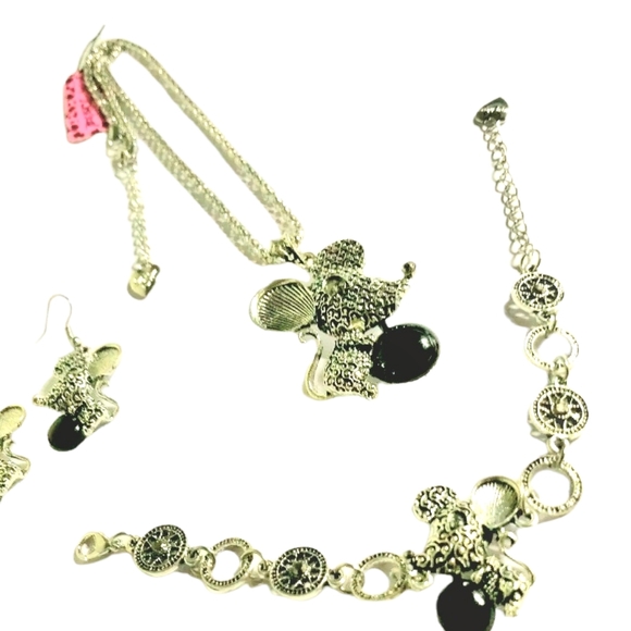 Silver plated black stone crystal mouse necklace earring bracelet set - Picture 7 of 13